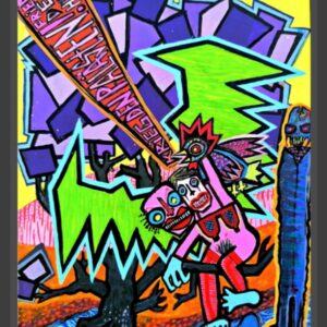 Zweiköpfige Frau mit Handpuppenhuhn auf Laubholzbaumast